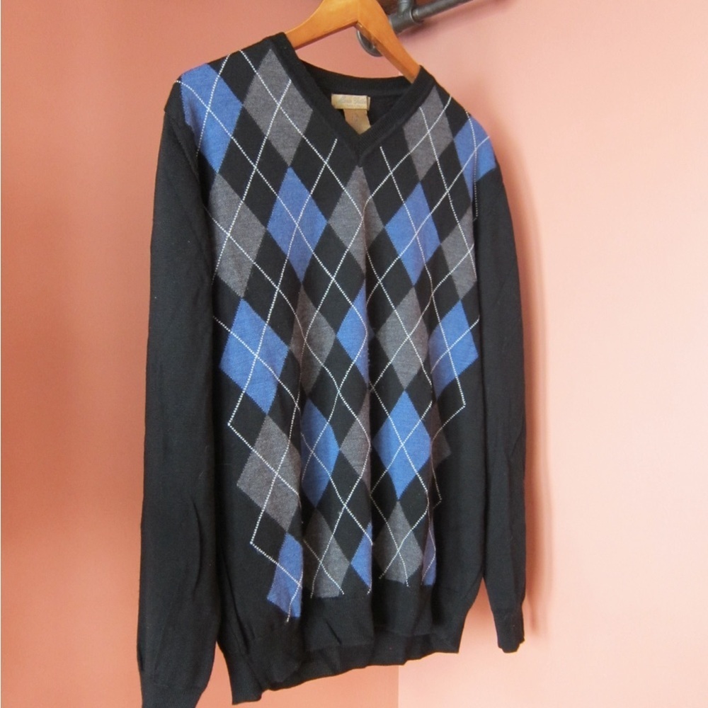 Mario Gilberti 100% WOOL Men's Argyle V-Neck Sweater - Black/Blue